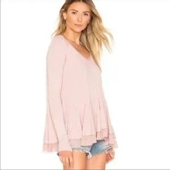 Free People Pale Pink Mauve Ruffled Hem Long Sleeve Tunic Top - Picture 9 of 16